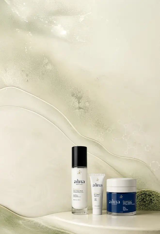 Alina Pro Anti-Aging essentials — cleanser, eye cream and moisturizer on a studio table