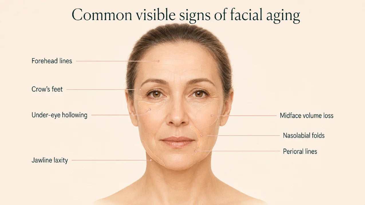 Diagram of a face labelling common visible signs of facial aging