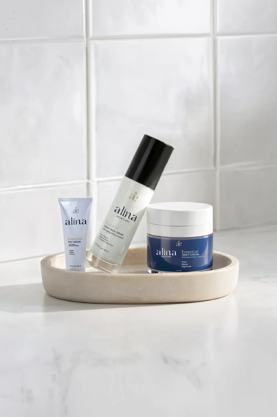 The Alina Essentials line on a tray